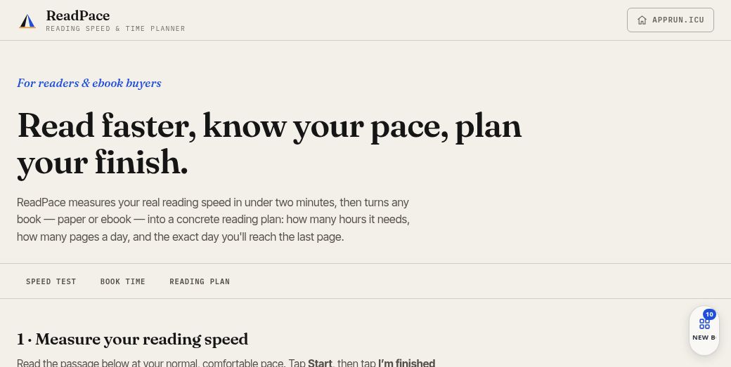 ReadPace: a reading-speed test panel with a timed passage and words-per-minute controls